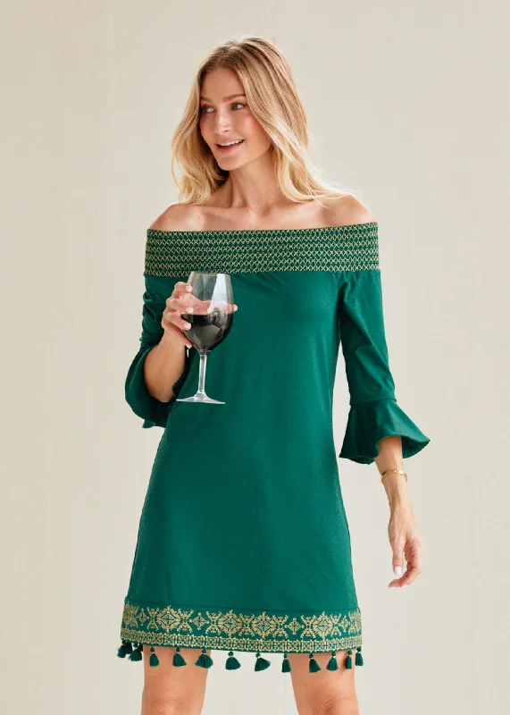 Weekend Discount Rush Emerald Metallic Embroidered Off The Shoulder Dress