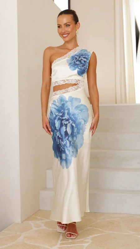 Weekend Shopping Extravaganza Emily One Shoulder Maxi Dress - Ivory / Blue