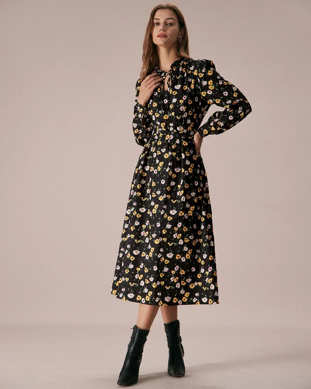 Price Slash The Black Tie Neck Floral Ruched Midi Dress