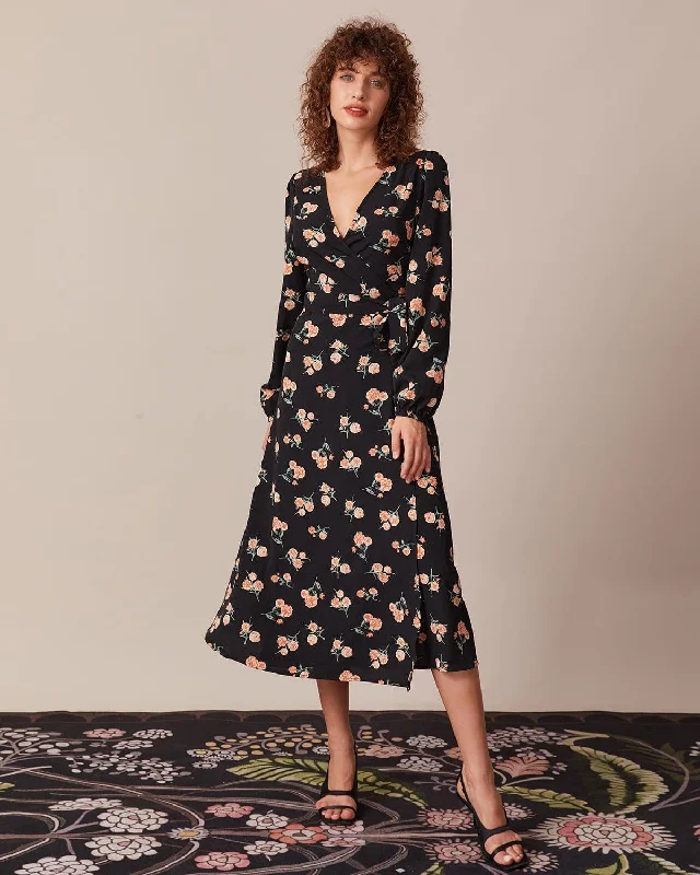 Big Savings The Black V Neck Floral Wrap Midi Dress