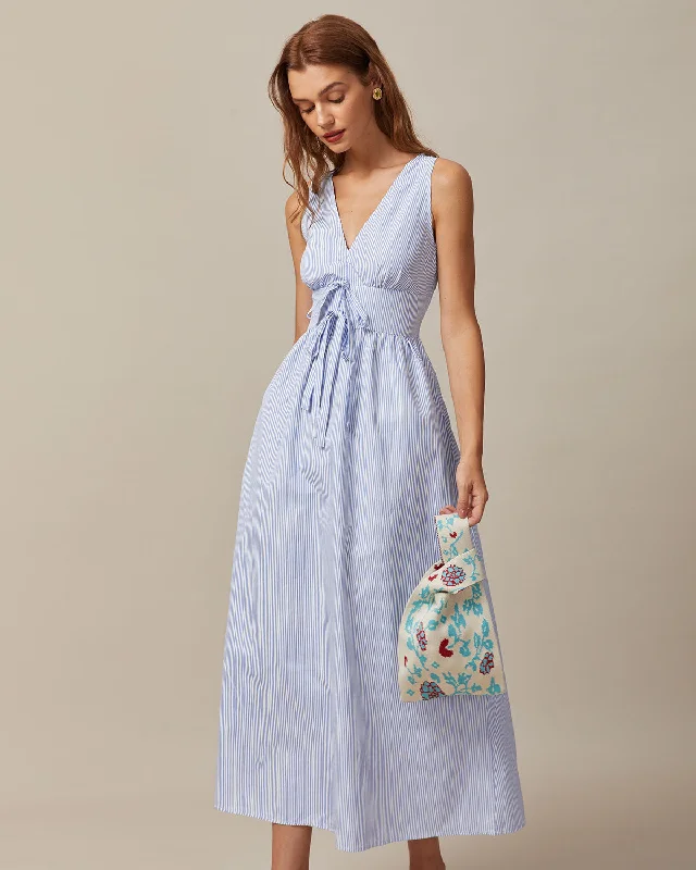 Limited Time Bargain The Blue V Neck Shirred Striped Maxi Dress