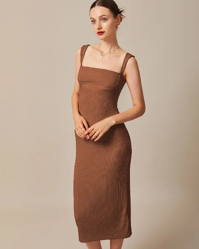 Special Price Drop The Caramel Square Neck Ribbed Midi Dress