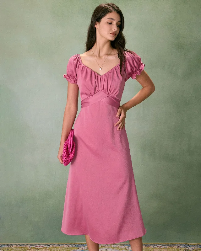 Shop More, Save More The Pink Sweetheart Neck Ruched Satin Midi Dress