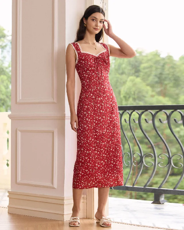 Best Deal of the Day The Red Sweetheart Neck Floral Lace Trim Midi Dress