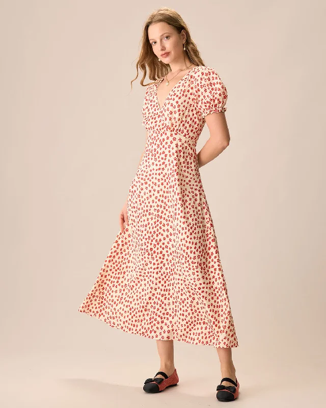 Special Shopping Event The Red V-Neck Floral Puff Sleeve Maxi Dress
