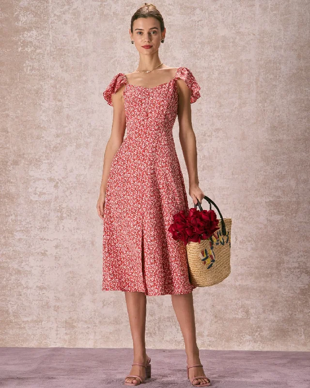 Price Slash Event The Red V-Neck Front Slit Floral Midi Dress