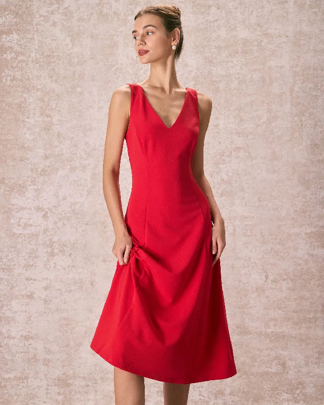 Limited-Time Bargains The Red V Neck Sleeveless A-Line Midi Dress