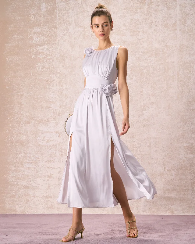 Final Clearance The Silver Boat Neck Floral Satin Maxi Dress