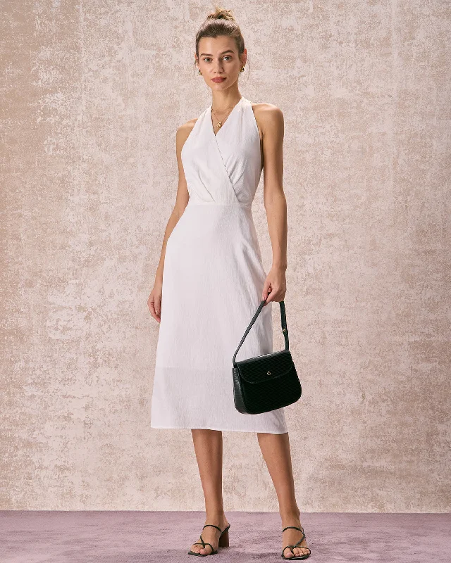 Weekend Special Offers The White Halter Ruched Wrap Satin Midi Dress