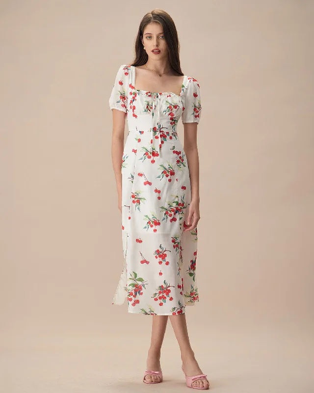 Weekend Super Sale The White Puff Sleeve Cherry Split Midi Dress