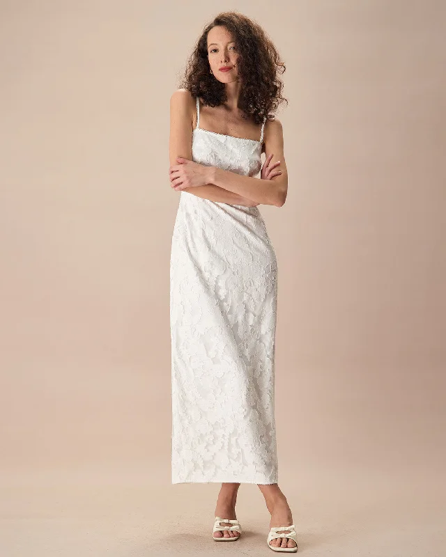 Weekend Price Slash The White Square Neck Jacquard Slip Maxi Dress