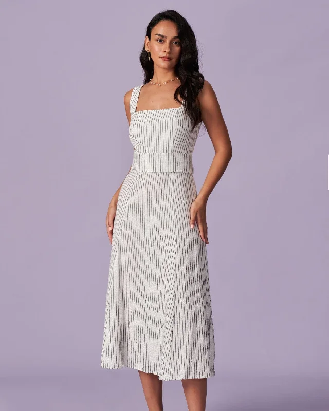 Weekend Shopping Rush The White Square Neck Striped Midi Dress