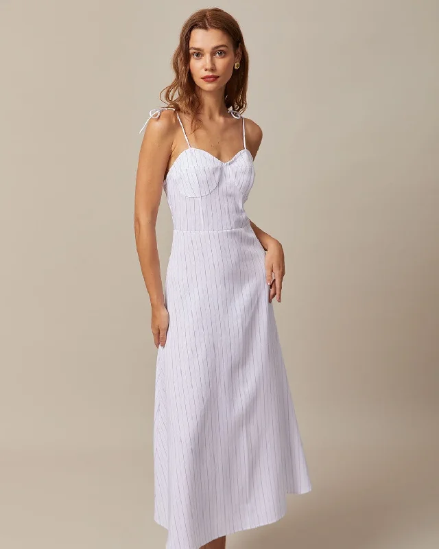 Weekend Wonders The White Striped Tie Shoulder Maxi Dress