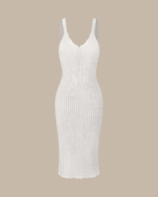 Weekend Price Drops The White V-Neck Knitted Pointelle Midi Dress