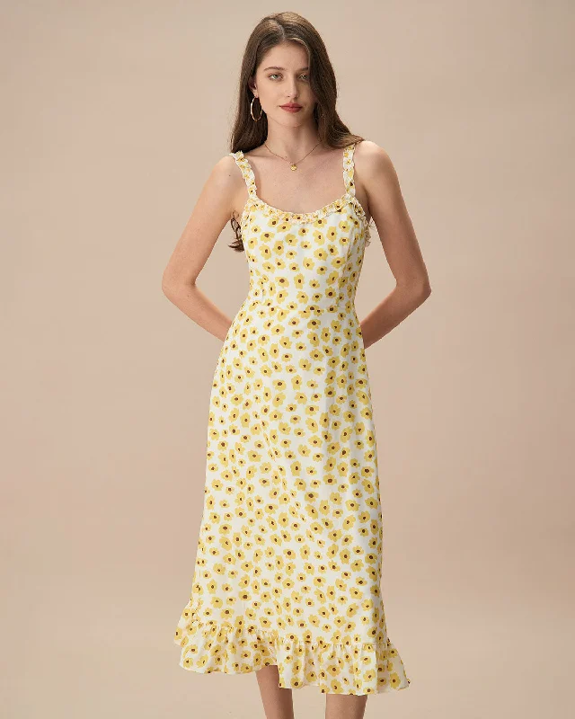 Weekend Super Sale Frenzy The Yellow Daisy Ruffle Slip Midi Dress