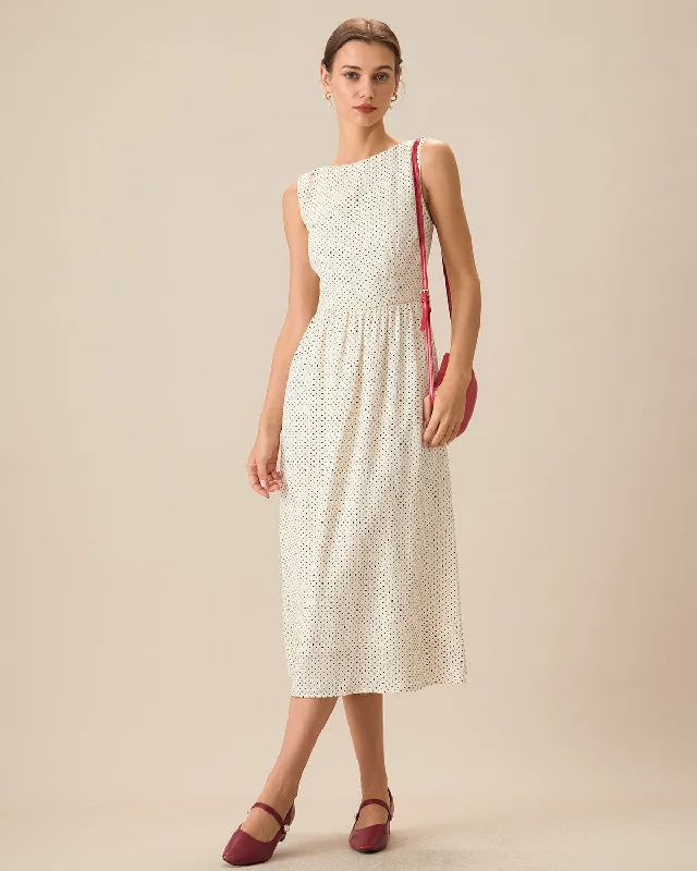 Weekend Bargain Shopping Women's Beige Polka Dot Sleeveless Midi Dress