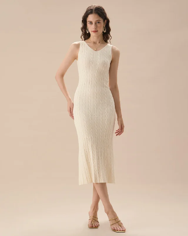 Weekend Sale Day Women's Beige Ribbed Knit Bodycon Sweater Dress