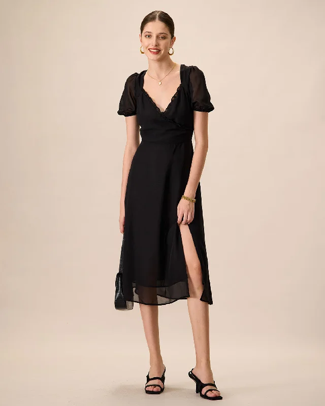 Weekend Price Drop Frenzy Women's Black Ruched See-Through Slit Midi Dress