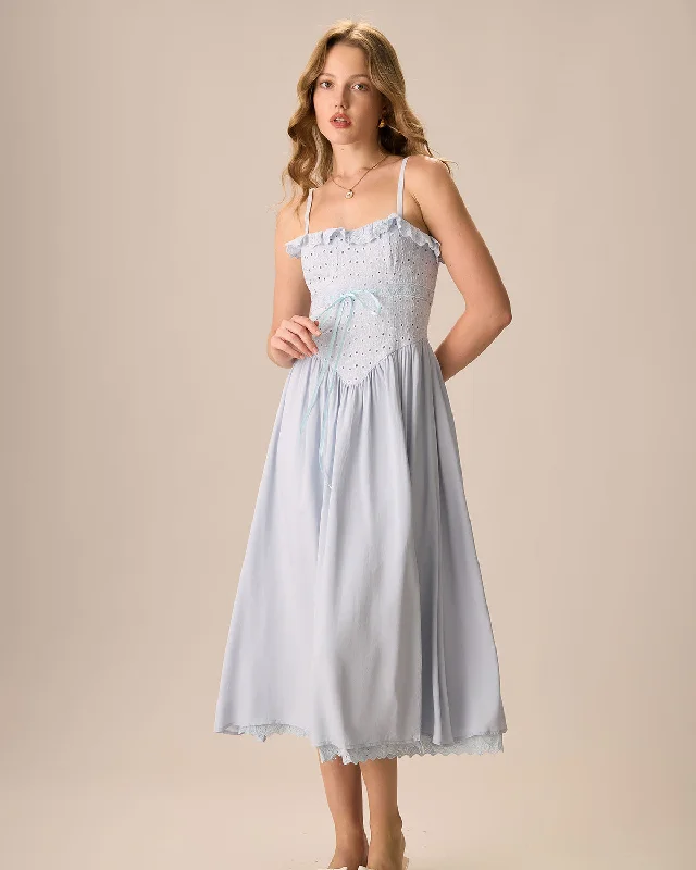 Weekend Best Deals Women's Blue Embroidery Cotton Slip Midi Dress
