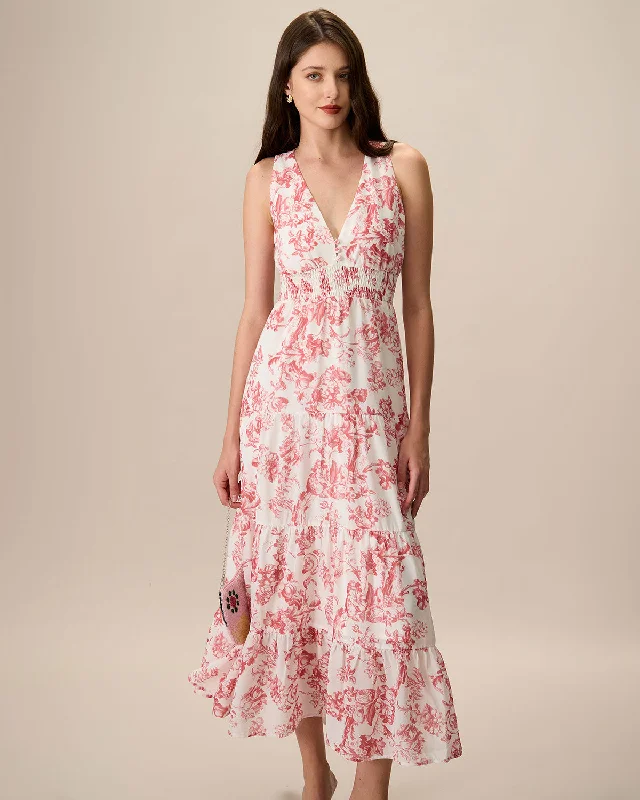 Weekend Steals Await Women's Red Floral Ruched Sleeveless Maxi Dress