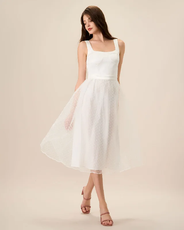 Weekend Hot Offers Women's White See-Through Splicing Midi Dress