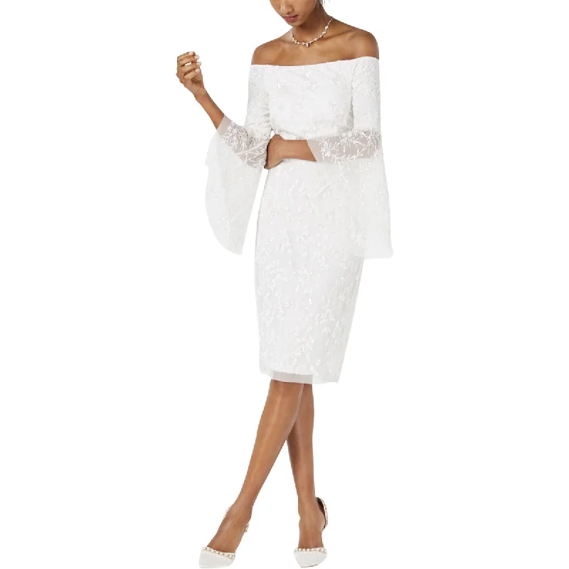 Adrianna Papell Womens Embellished Off-The-Shoulder Cocktail Dress