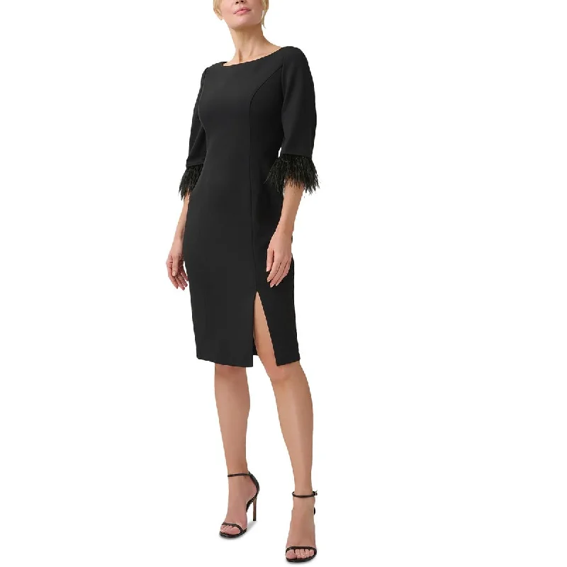 Adrianna Papell Womens Feather Trim Wide Neckline Sheath Dress