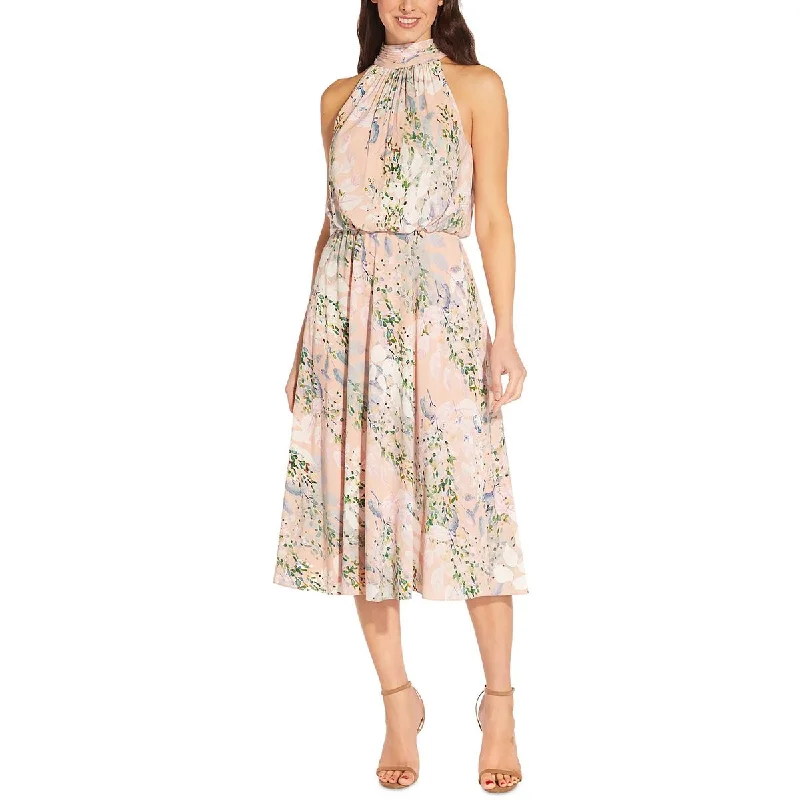 Adrianna Papell Womens Floral Print Mid Calf Halter Dress