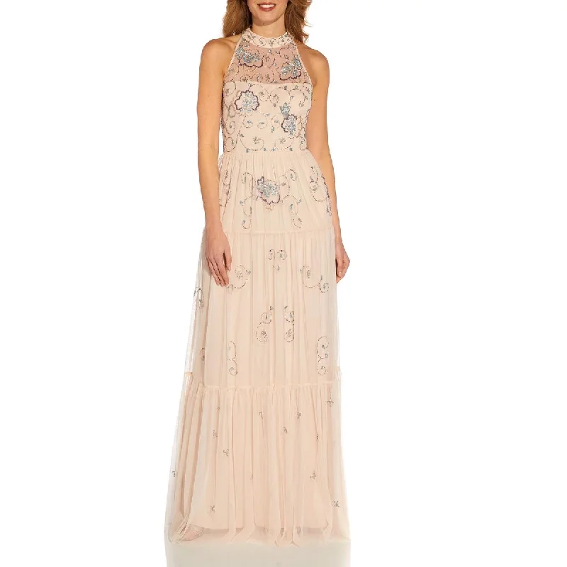 Adrianna Papell Women's Hand-Beaded Long Halter Boho Gown