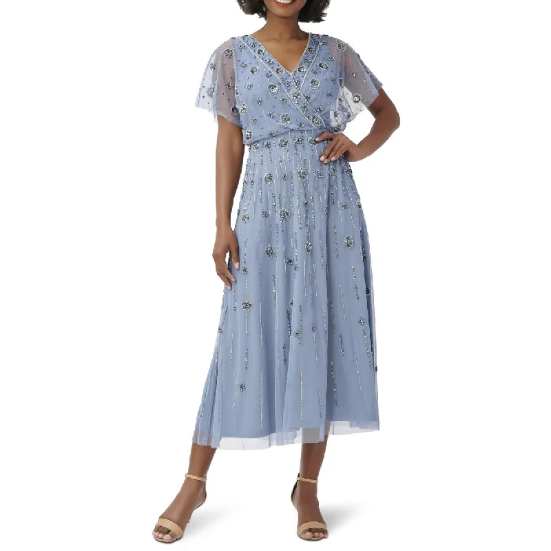Weekend Flash Markdown Adrianna Papell Women's Mesh Embellished Short Sleeve V-Neck Midi Dress