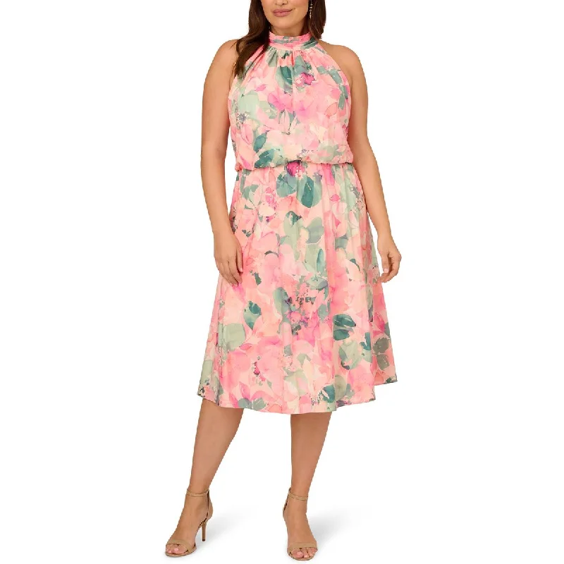 Adrianna Papell Womens Plus Floral Halter Cocktail And Party Dress