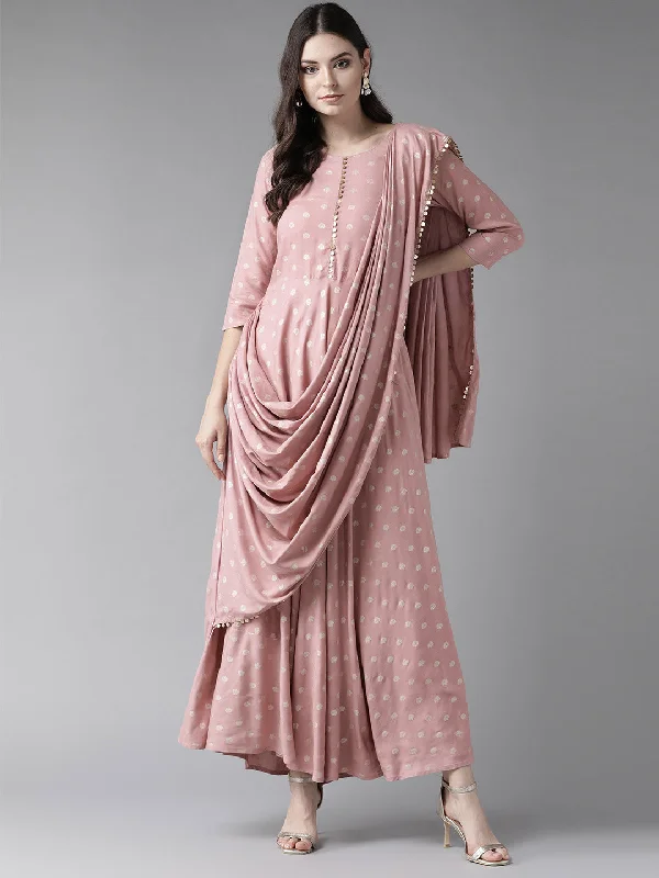 Massive Savings Event Ahalyaa Pink & Golden Printed Maxi Dress With Attached Dupatta