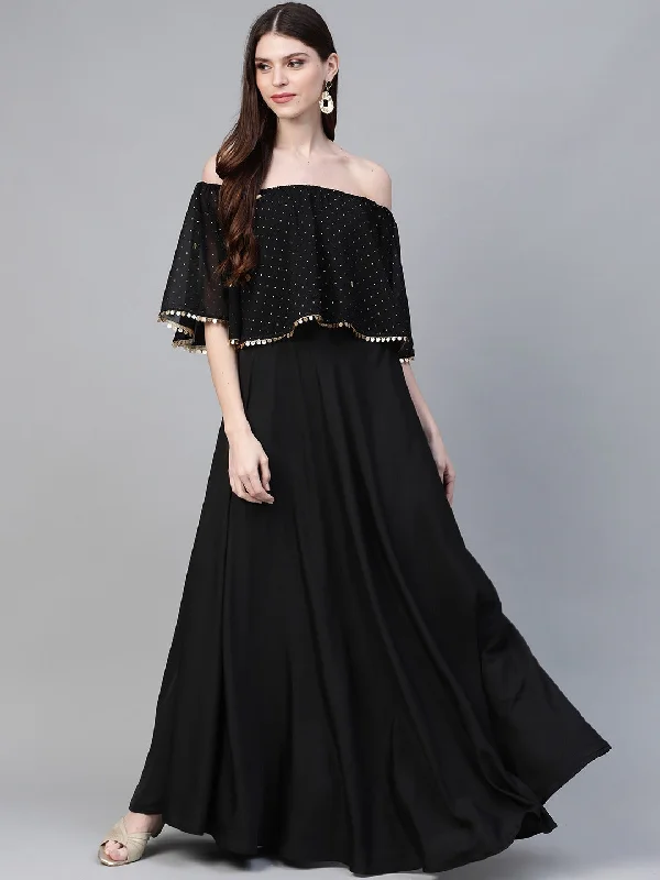 Limited-Time Flash Deal Ahalyaa Women Black & Golden Foil Printed Detail Off-Shoulder Layered Maxi Dress