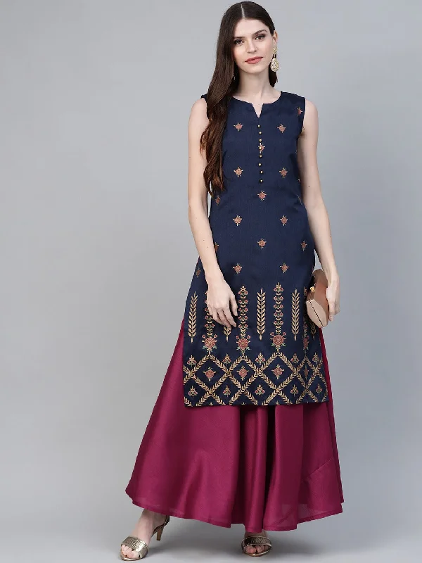 Weekend Markdowns Ahalyaa Women Navy Blue & Magenta Ethnic Sreen Printed Layered Maxi Dress Weekend Markdowns Ahalyaa Women Navy Blue & Magenta Ethnic Sreen Printed Layered Maxi Dress