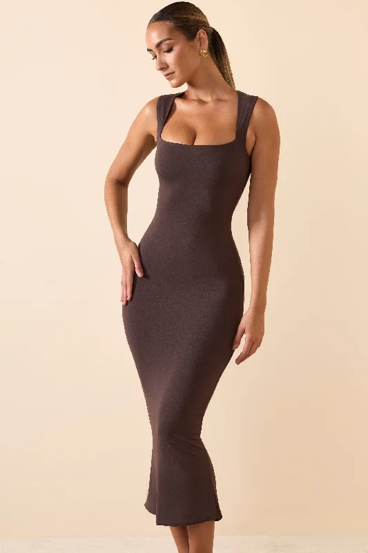 Weekend Only Sale Modal Square-Neck Midi Dress in Chocolate Brown