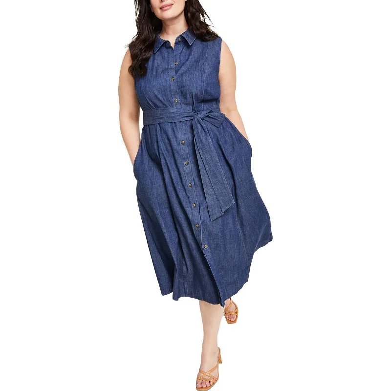 Anne Klein Womens Denim Midi Shirtdress