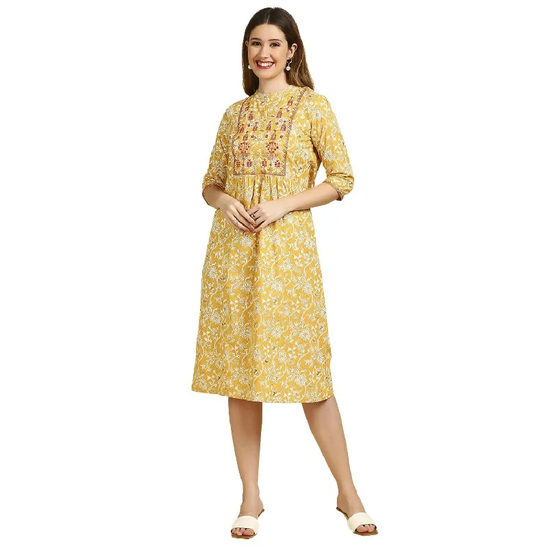 Exclusive Savings Event Anubhutee Women's Cotton A-Line Midi Casual Yellow Dress
