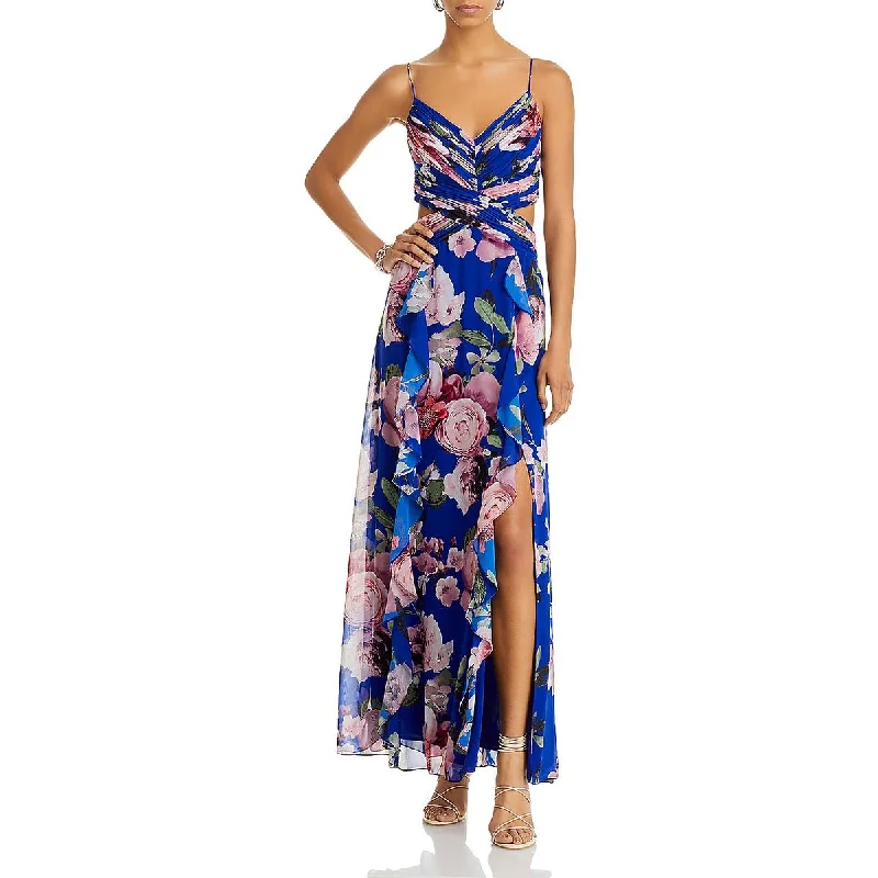 Aqua Womens Floral Print Ruched Maxi Dress