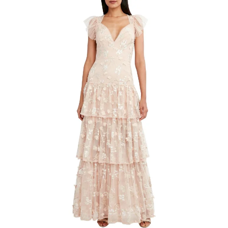 Weekend Deal Rush BCBG Max Azria Willow Women's Floral Embroidered Tiered Short Sleeve Gown