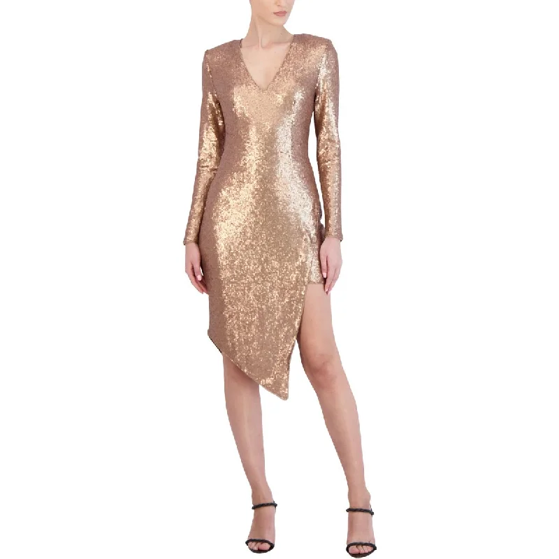 BCBGMAXAZRIA Parker Women's Asymmetric Sequined Long Sleeve Cocktail Dress