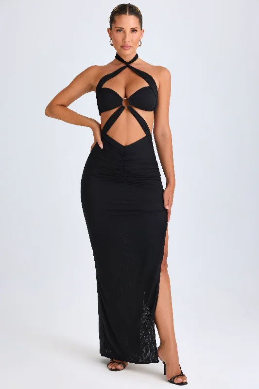 Weekend Steals and Deals Hardware Detail Cut-Out Halterneck Maxi Dress in Black