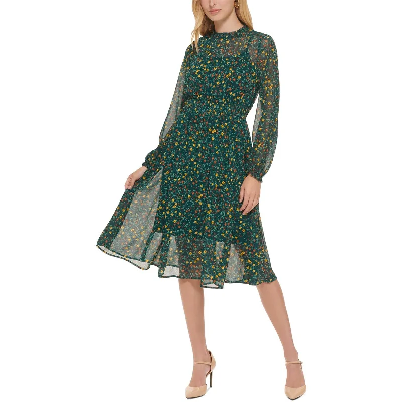 Limited Edition Calvin Klein Womens Floral Print Chiffon Midi Dress