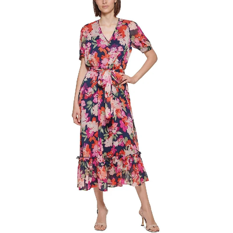 Calvin Klein Womens Floral Ruffled Midi Dress