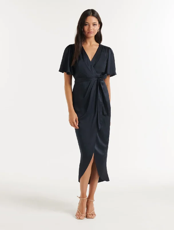 Hot Deals Carolina Satin Flutter Sleeve Midi Dress