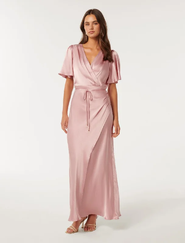 Weekend Bargain Bonanza Chelsea Flutter Sleeve Satin Maxi Dress