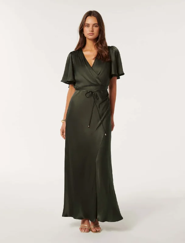 Weekend Discount Fest Chelsea Flutter Sleeve Satin Maxi Dress