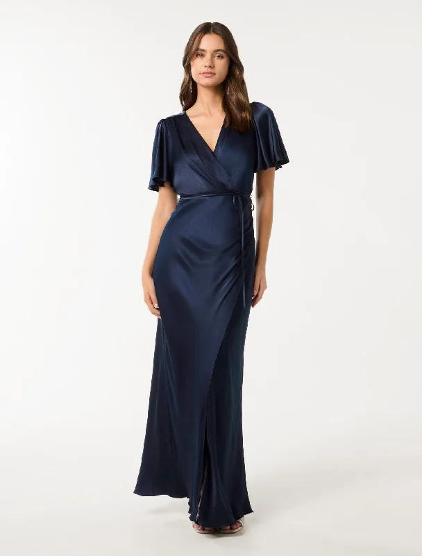 Weekend Flash Deals Chelsea Flutter Sleeve Satin Maxi Dress