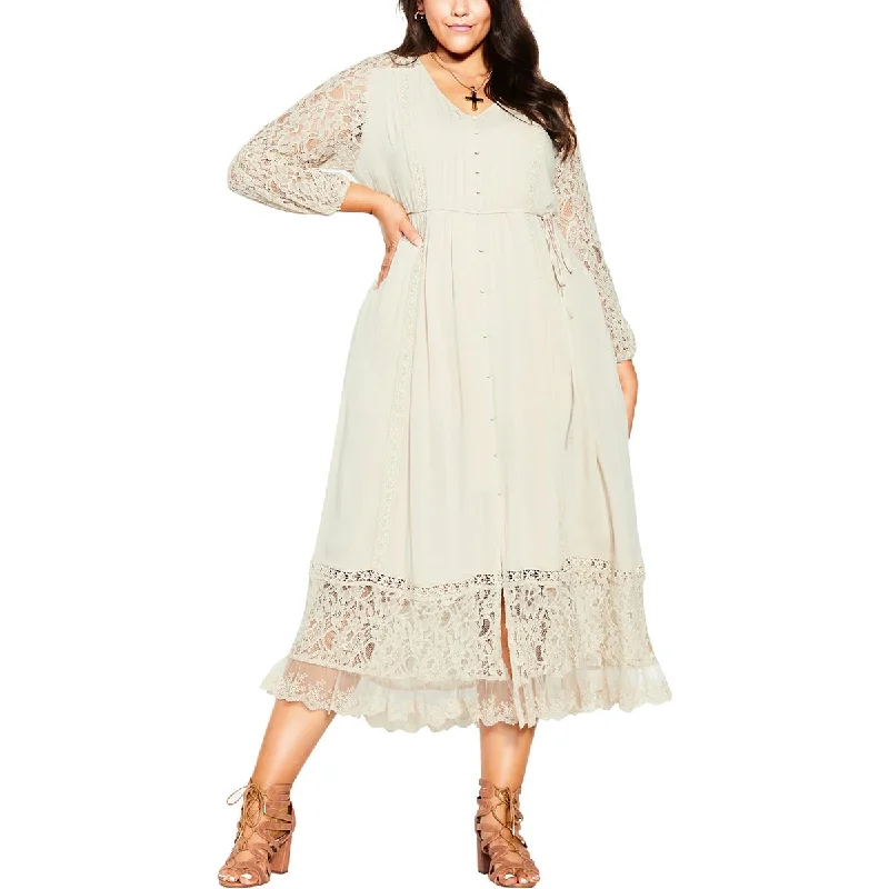 Final Sale Event City Chic Womens Plus Lace Inset Long Sleeves Maxi Dress