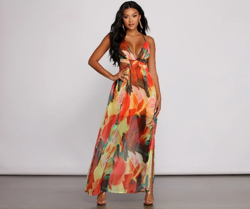Unbeatable Bargains Brighter Vibes Lace-Up Charming Chiffon Maxi Dress