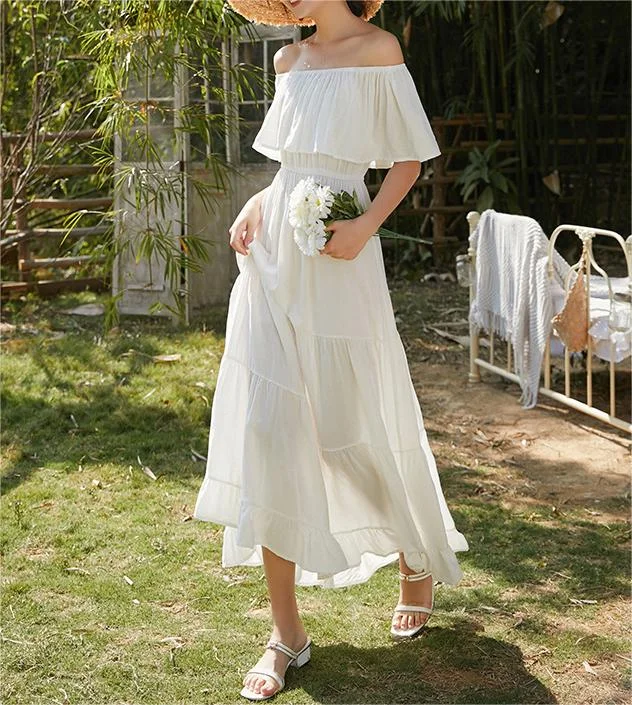 Mega Sale Ruffled Romance Off Charming The Shoulder Maxi Dress